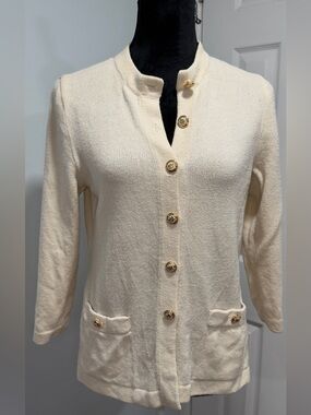 St. John Cream Knit Cardigan with Gold Buttons